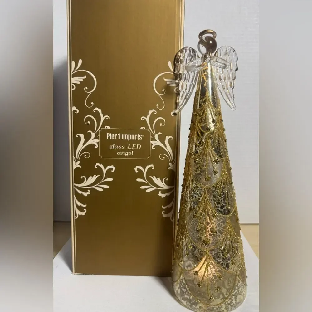 Pier 1 Gold Glass light up Angel Figurine 12” tall